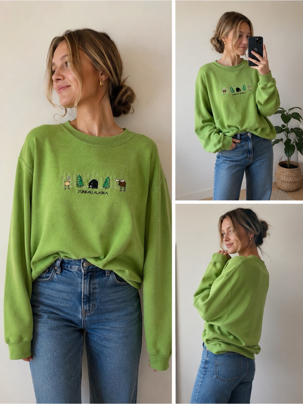 Vintage Juneau Alaska Wildlife Embroidered Green Crewneck Sweatshirt Cabin Camp